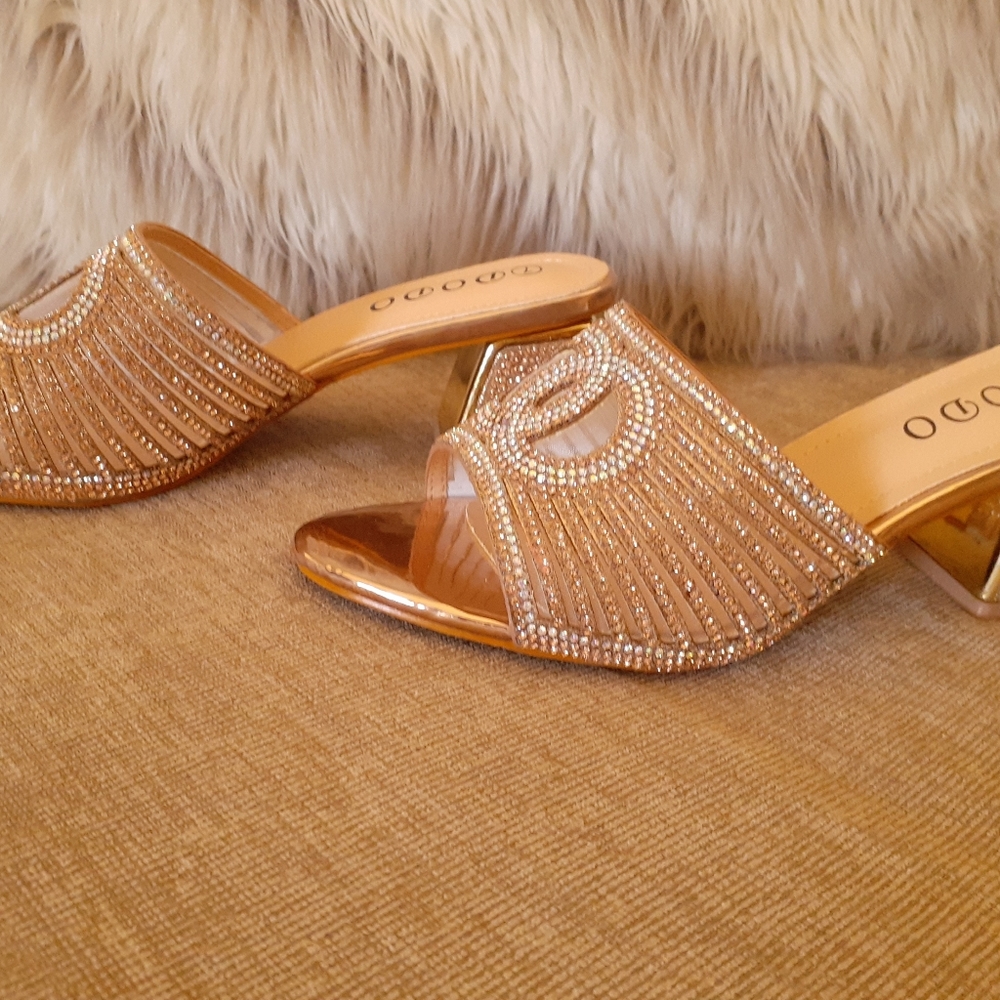 THERESA- Champagne Rhinestone Block Heel - Picture 3 of 5